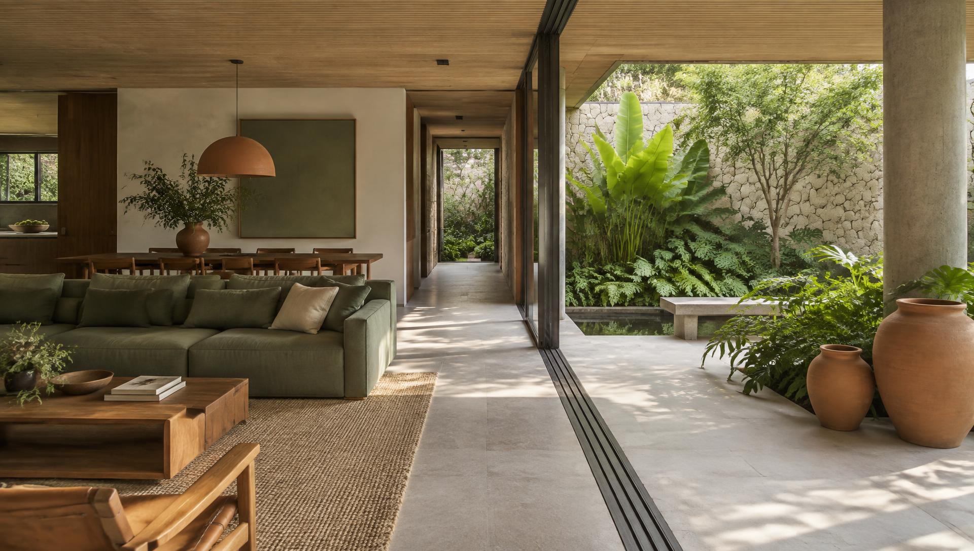 Sala integrada ao jardim em projeto residencial